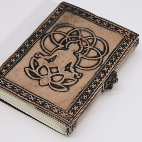 Antique Grey Leather Journal with Embossed Buddha Design - 200 Pages, Stitch Edge, 17.5x12.5x3cm, Rustic Handcrafted Notebook with Metal Clasp Closure - SHAMTAM.COM
