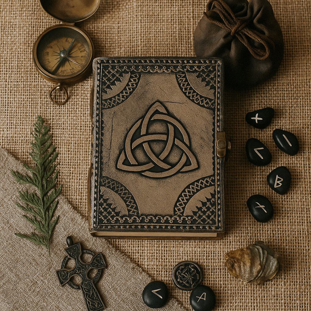 Antique Grey Leather - Bound Journal with Celtic Knot Design - 200 Pages, Stitch Edge, 17.5x12.5x3cm, Vintage Esoteric Notebook with Clasp Closure - SHAMTAM.COM