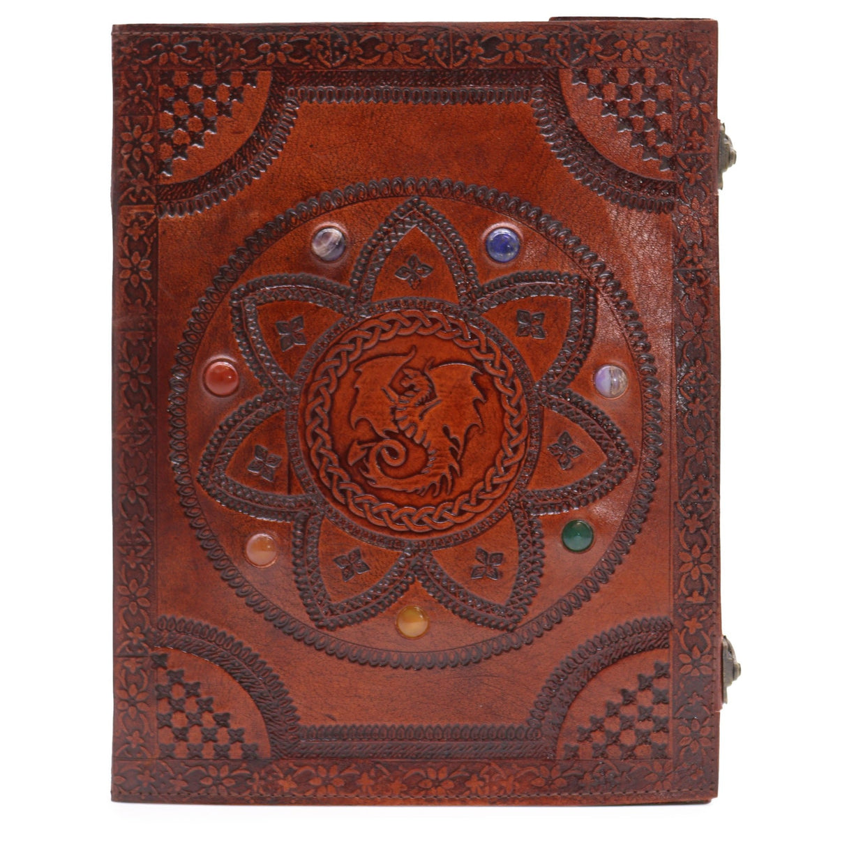 Handcrafted Leather Journal with Embossed Dragon Mandala and Chakra Stones - 100 Pages, 25x34cm, Secure Metal Clasps - SHAMTAM.COM