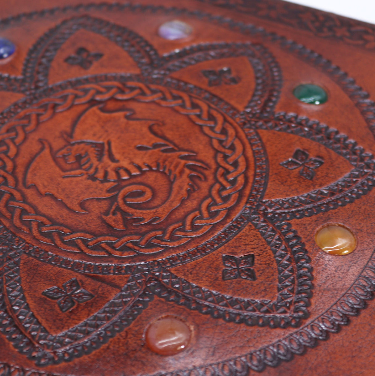 Handcrafted Leather Journal with Embossed Dragon Mandala and Chakra Stones - 100 Pages, 25x34cm, Secure Metal Clasps - SHAMTAM.COM