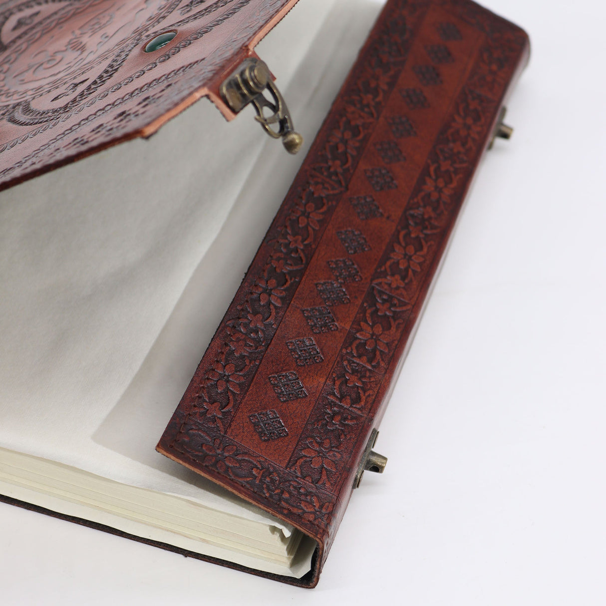 Handcrafted Leather Journal with Embossed Dragon Mandala and Chakra Stones - 100 Pages, 25x34cm, Secure Metal Clasps - SHAMTAM.COM