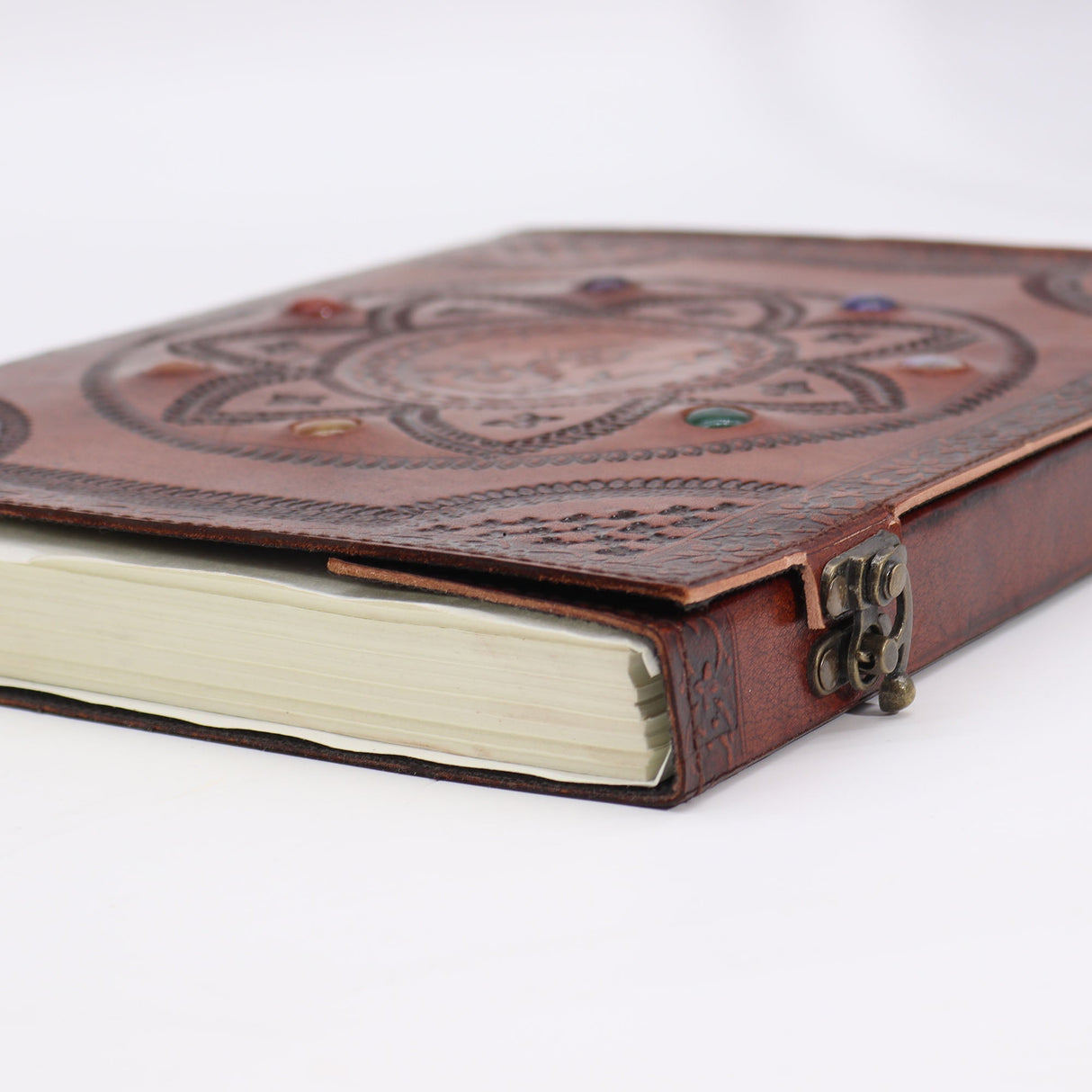 Handcrafted Leather Journal with Embossed Dragon Mandala and Chakra Stones - 100 Pages, 25x34cm, Secure Metal Clasps - SHAMTAM.COM