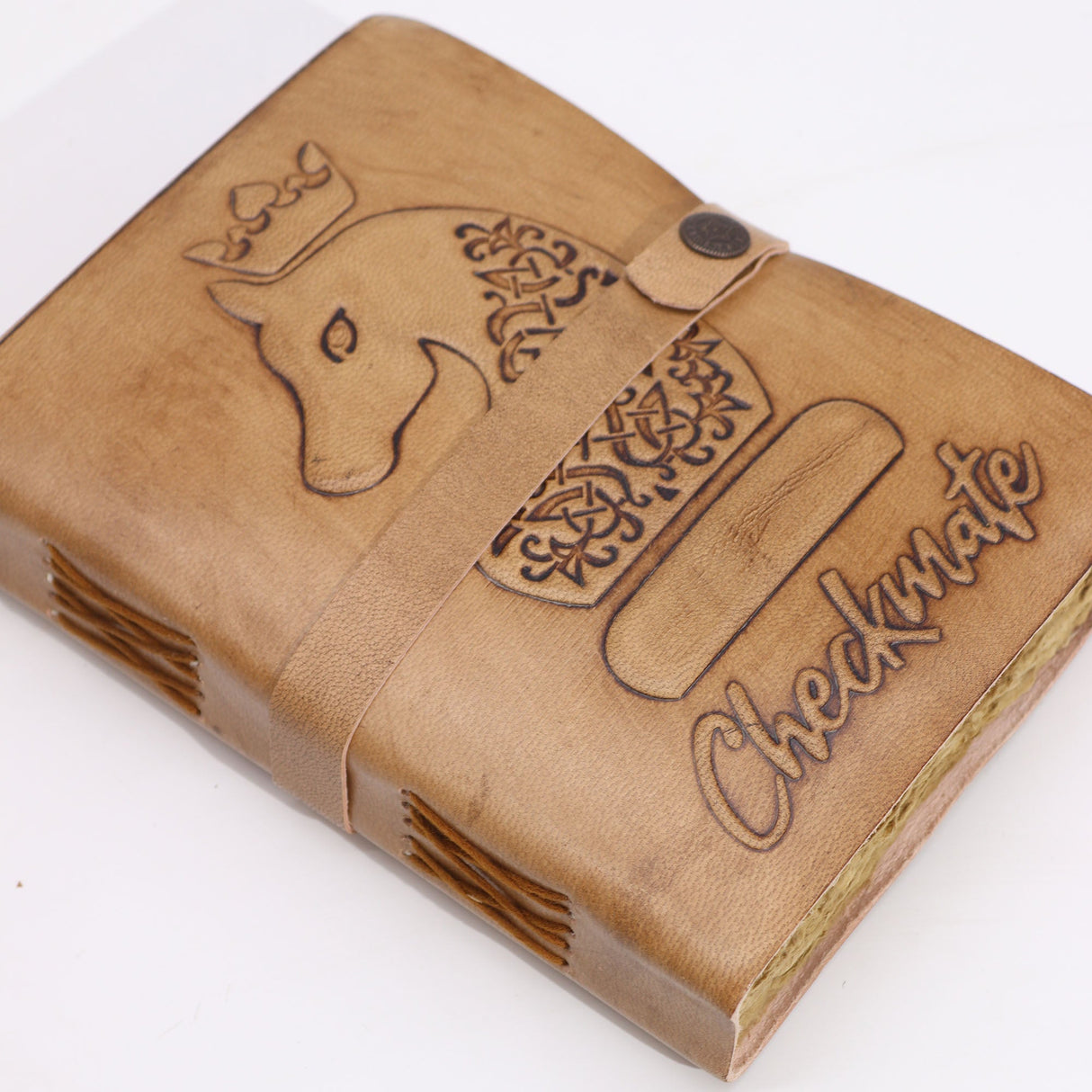 Checkmate Leather Journal - Embossed Horse Knight Design - 200 Pages - Rustic Tan - 20x15cm with Strap Closure - SHAMTAM.COM