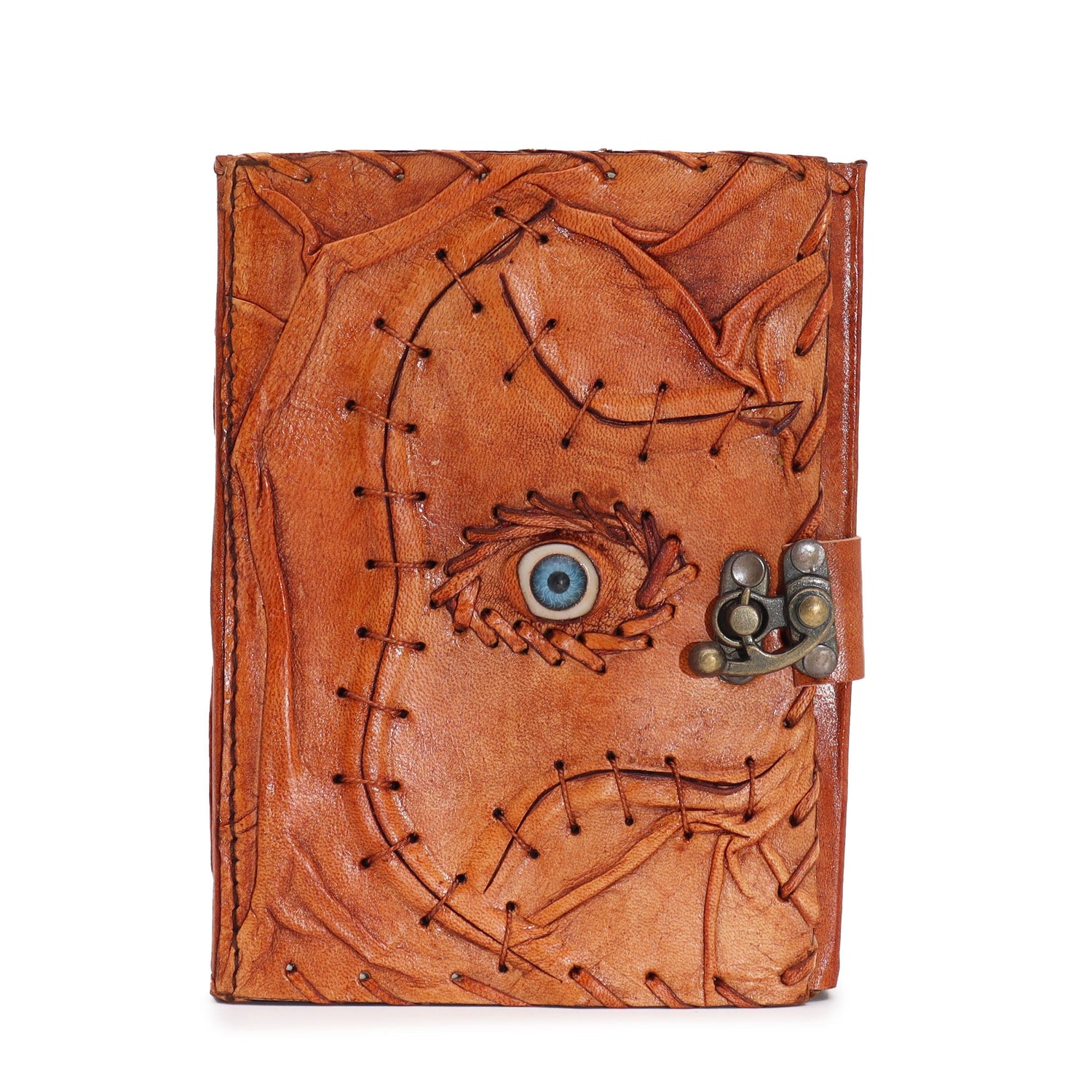 Handcrafted Leather Journal with Evil Eye Design - 160 Deckle Edge Pages, 17x12.5cm - Unique Artistic Notebook with Metal Clasp - SHAMTAM.COM