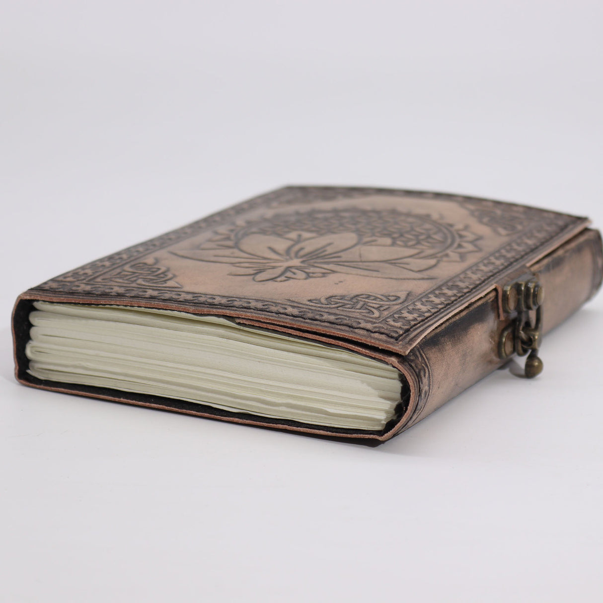 Antique Grey Lotus Madala Leather Journal with Embossed Design - 200 Pages, Stitch Edge, 17.5x12.5x3cm, Vintage Bohemian Notebook with Metal Clasp - SHAMTAM.COM