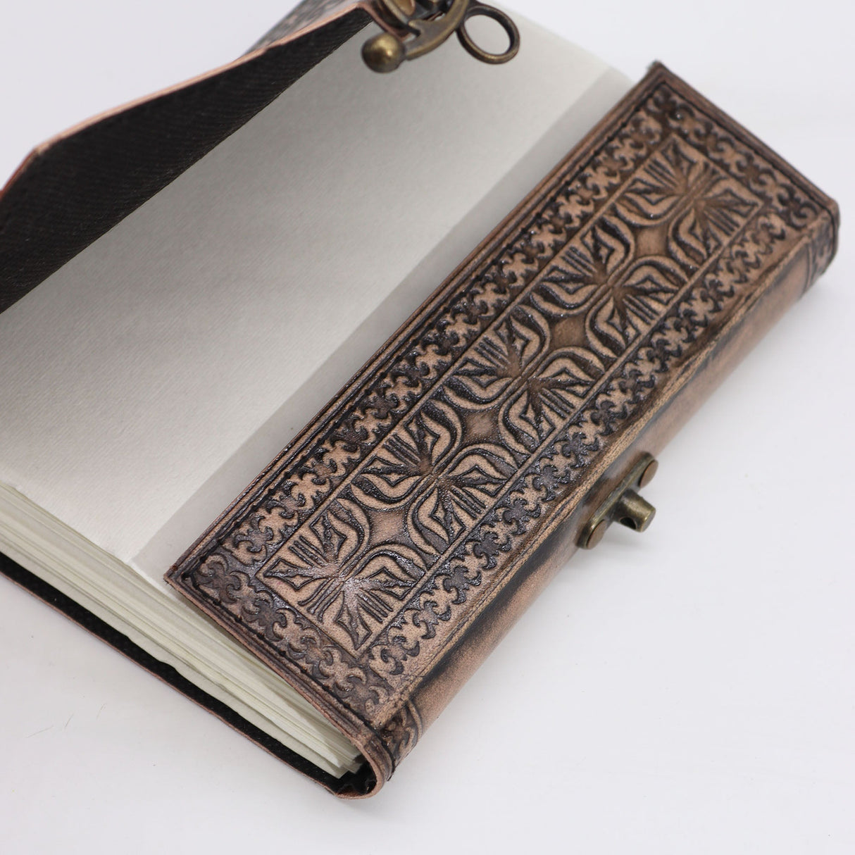 Antique Grey Lotus Madala Leather Journal with Embossed Design - 200 Pages, Stitch Edge, 17.5x12.5x3cm, Vintage Bohemian Notebook with Metal Clasp - SHAMTAM.COM