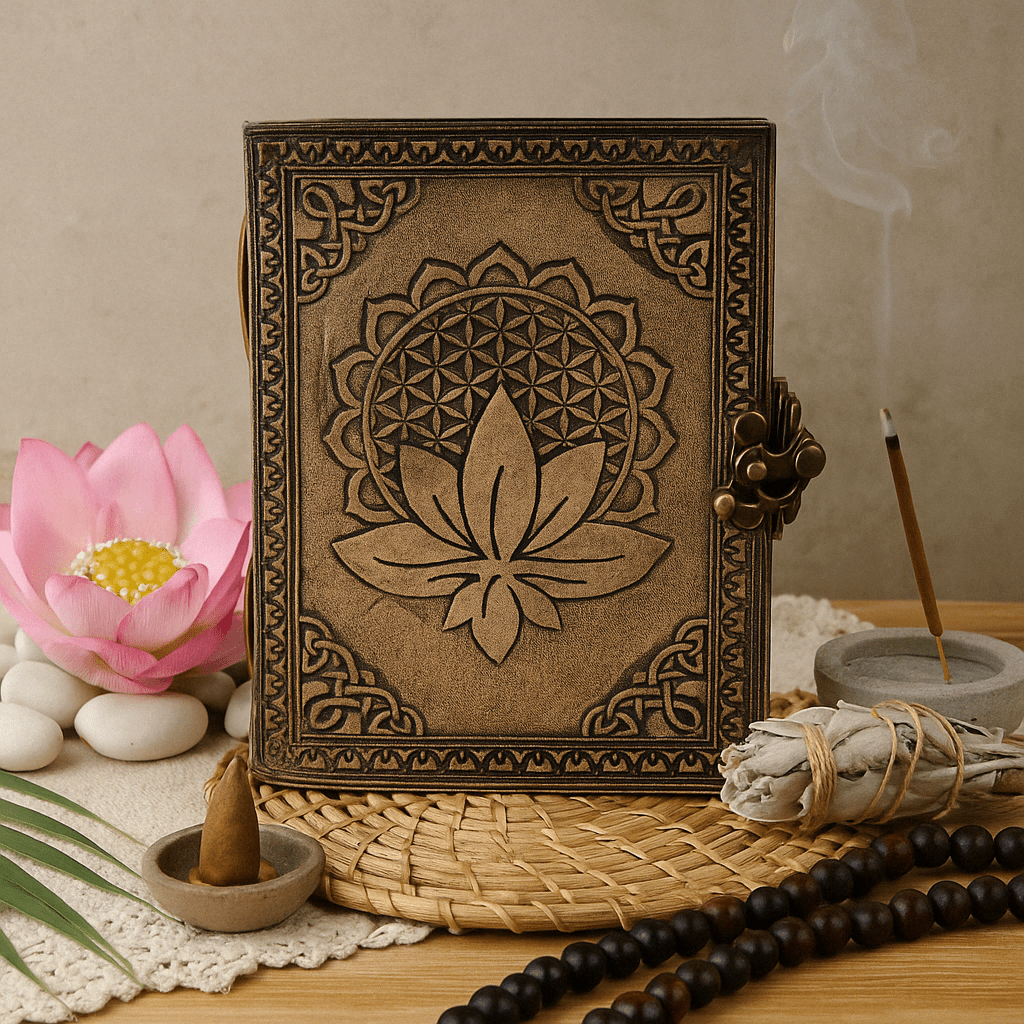 Antique Grey Lotus Madala Leather Journal with Embossed Design - 200 Pages, Stitch Edge, 17.5x12.5x3cm, Vintage Bohemian Notebook with Metal Clasp - SHAMTAM.COM