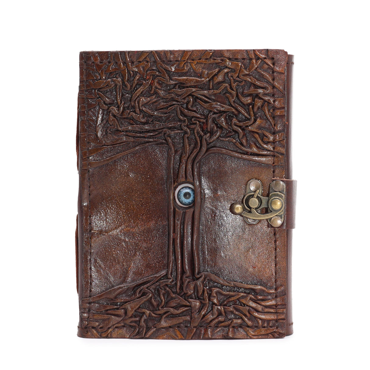 Handcrafted Leather Journal with Tree Embossed Design - Evil Eye Decor - 160 Deckle Edge Pages - 17x12.5cm - Rustic Brown with Metal Clasp Closure - SHAMTAM.COM