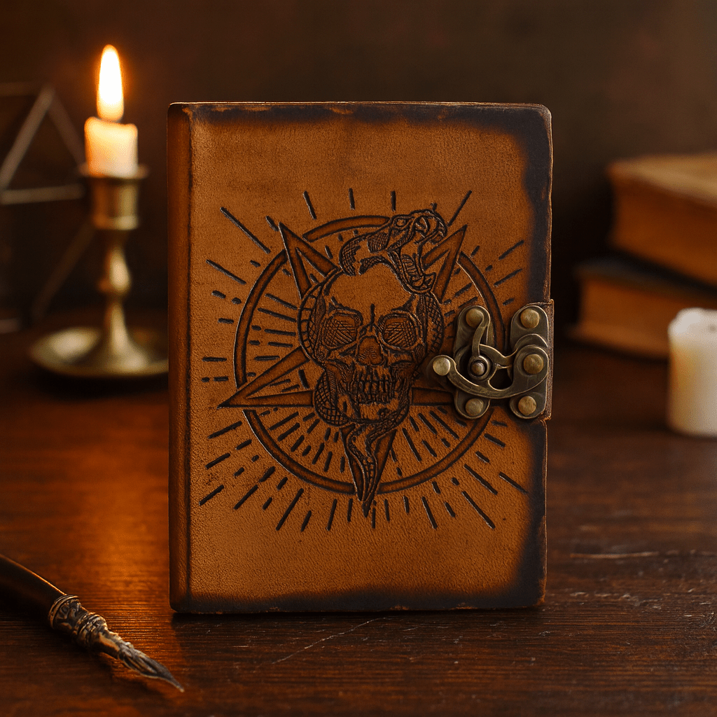 Leather Notebook Skull and Pentagon Burnt Edges 7x5 - SHAMTAM.COM
