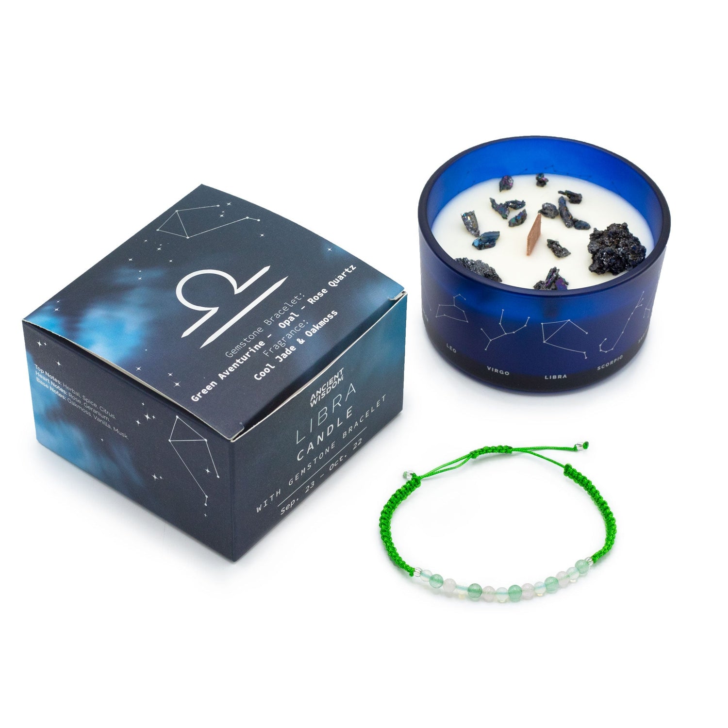 Libra Zodiac Crystal Candle Set with Green Aventurine, Opal, and Rose Quartz Gemstone Bracelet - Balance and Harmony Fragrance with Oakmoss, Vanilla, and Musk Notes - SHAMTAM.COM