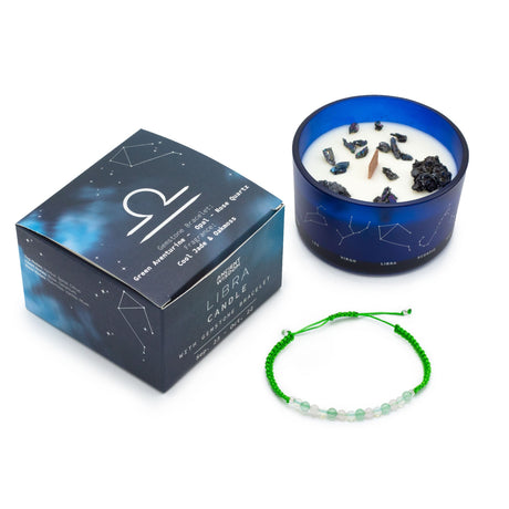 Libra Zodiac Crystal Candle Set with Green Aventurine, Opal, and Rose Quartz Gemstone Bracelet - Balance and Harmony Fragrance with Oakmoss, Vanilla, and Musk Notes - SHAMTAM.COM