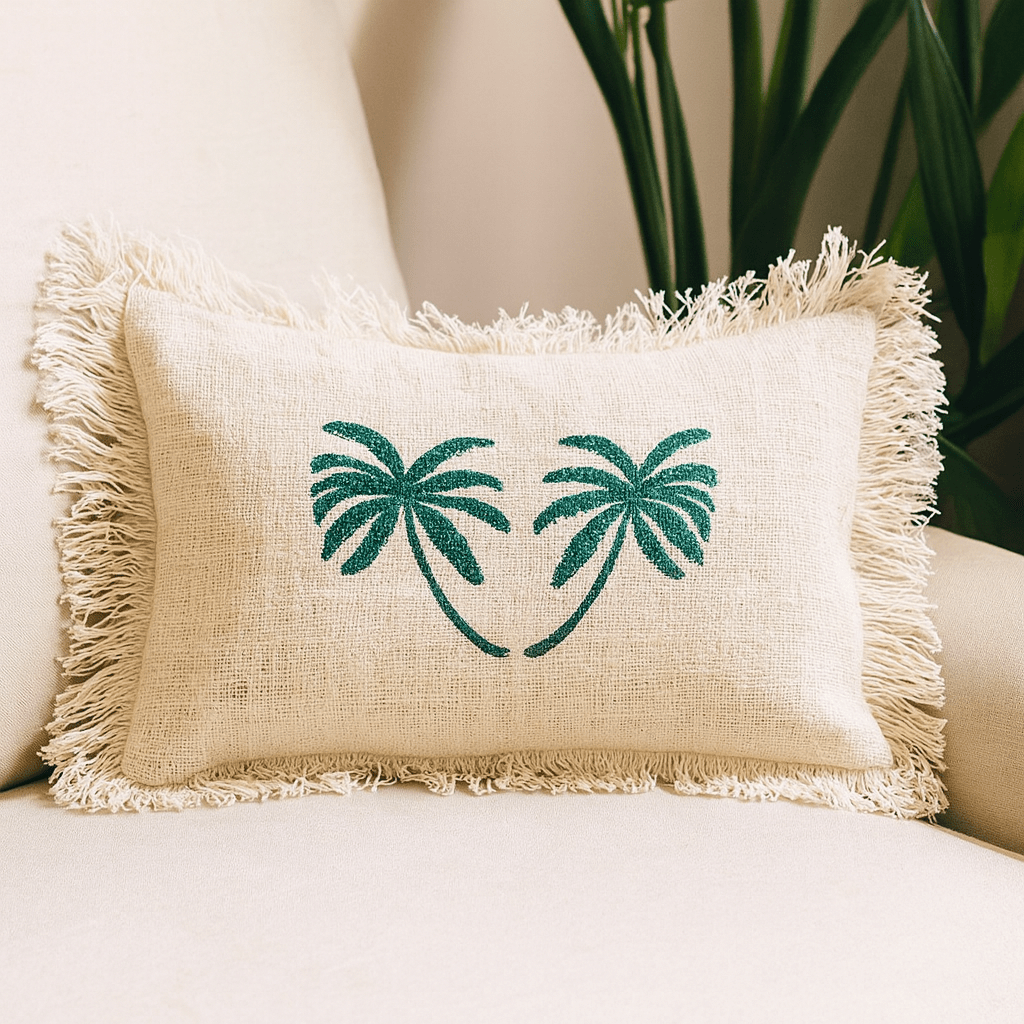 Linen Cushion 30x50cm Palm Tree With Fringe - SHAMTAM.COM