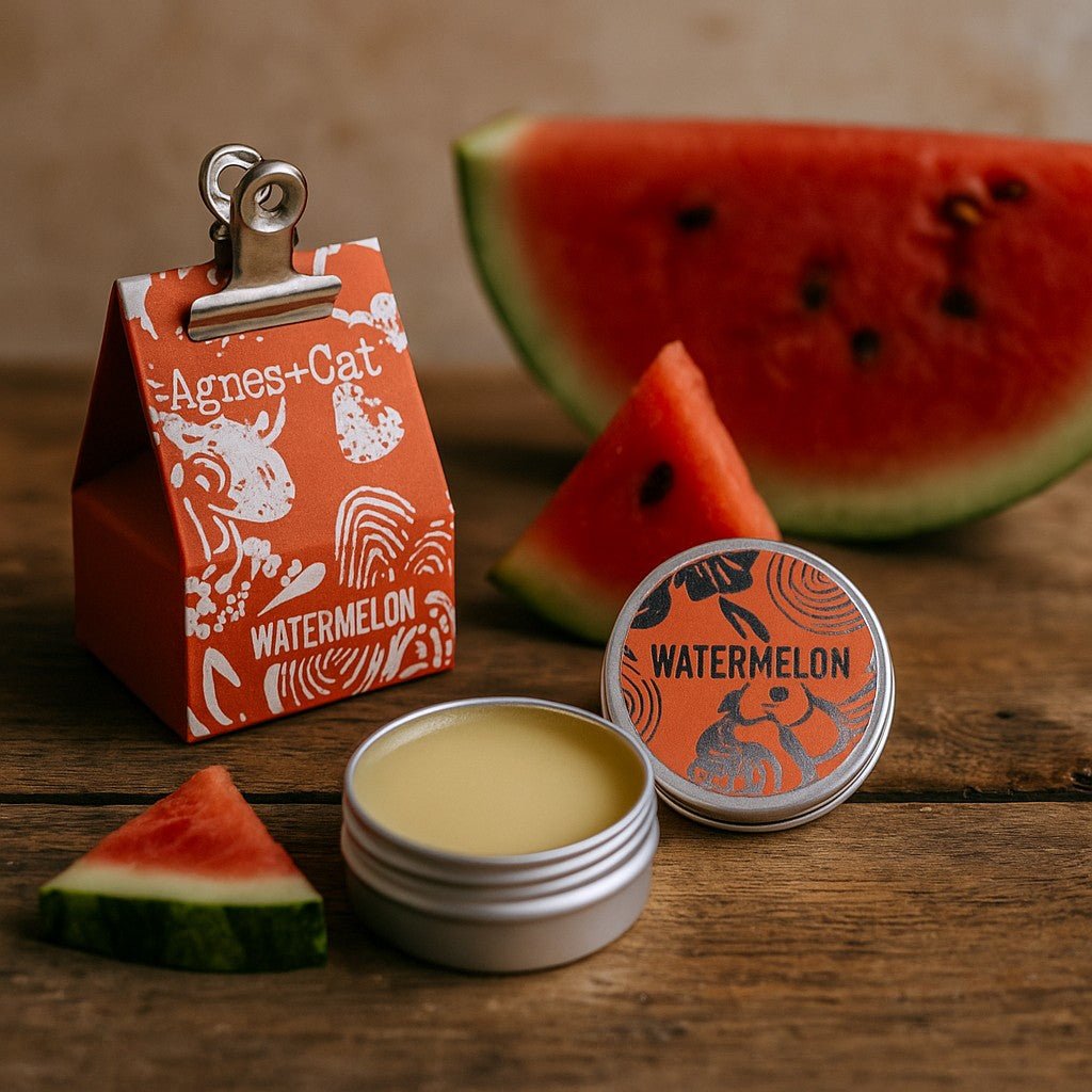 Watermelon-flavored product packaging with watermelon slices on a wooden surface