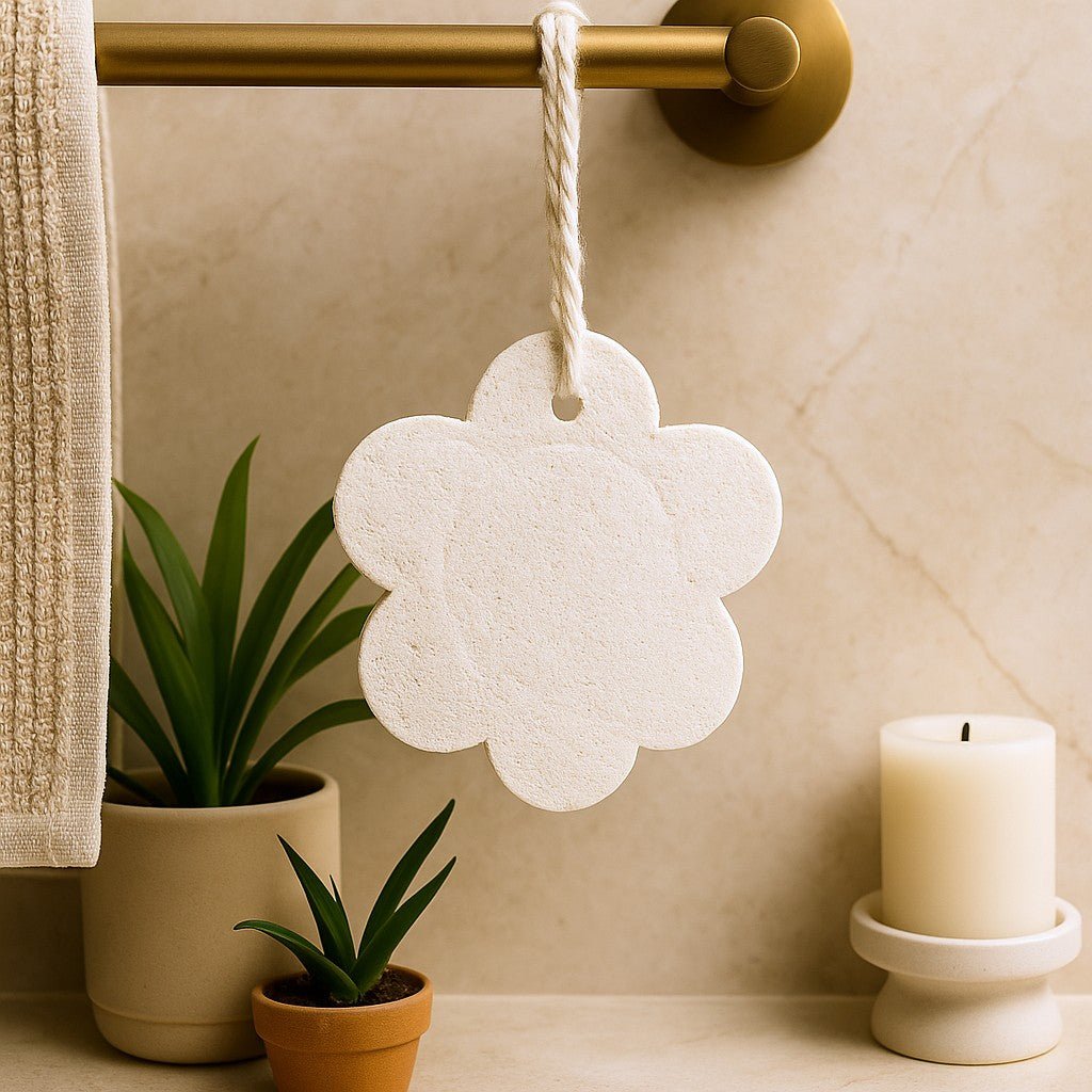 Decorative cloud-shaped light fixture hanging on a gold rod with plants and a candle in the background.