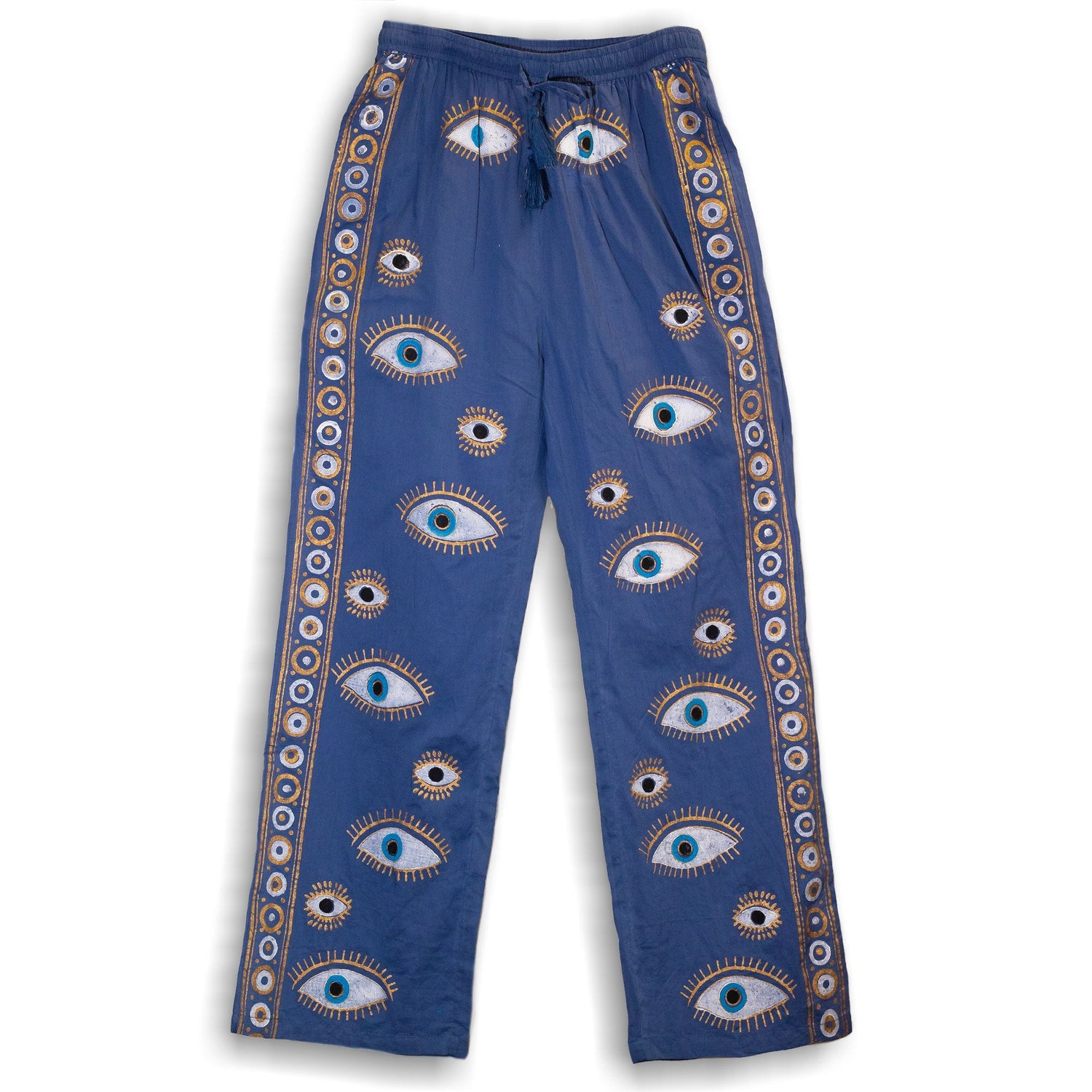 (LXL) Nomad Sari On the Med Collection - Lounge Pants - Rich Blue & Gold Hand Painted Evil Eye Design - SHAMTAM.COM