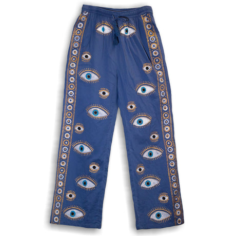 (ML) Nomad Sari On the Med Collection - Lounge Pants - Rich Blue & Gold Hand Painted Evil Eye Design - SHAMTAM.COM