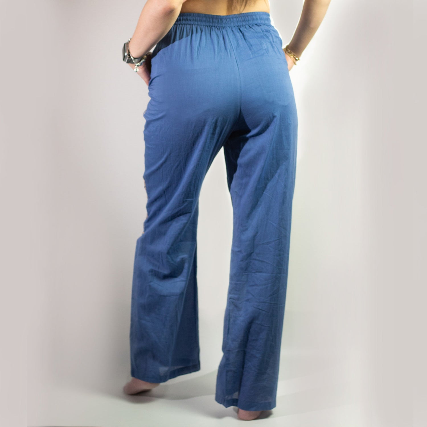 (ML) Nomad Sari On the Med Collection - Lounge Pants - Rich Blue & Gold Hand Painted Evil Eye Design - SHAMTAM.COM
