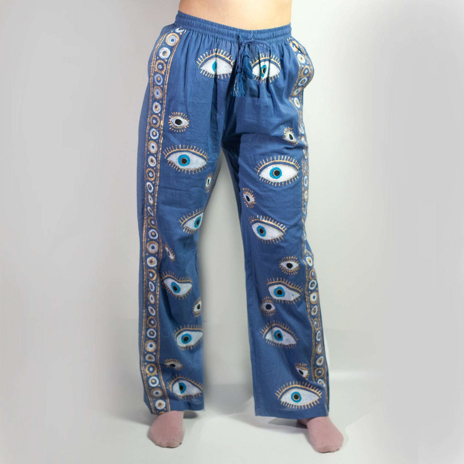 (ML) Nomad Sari On the Med Collection - Lounge Pants - Rich Blue & Gold Hand Painted Evil Eye Design - SHAMTAM.COM