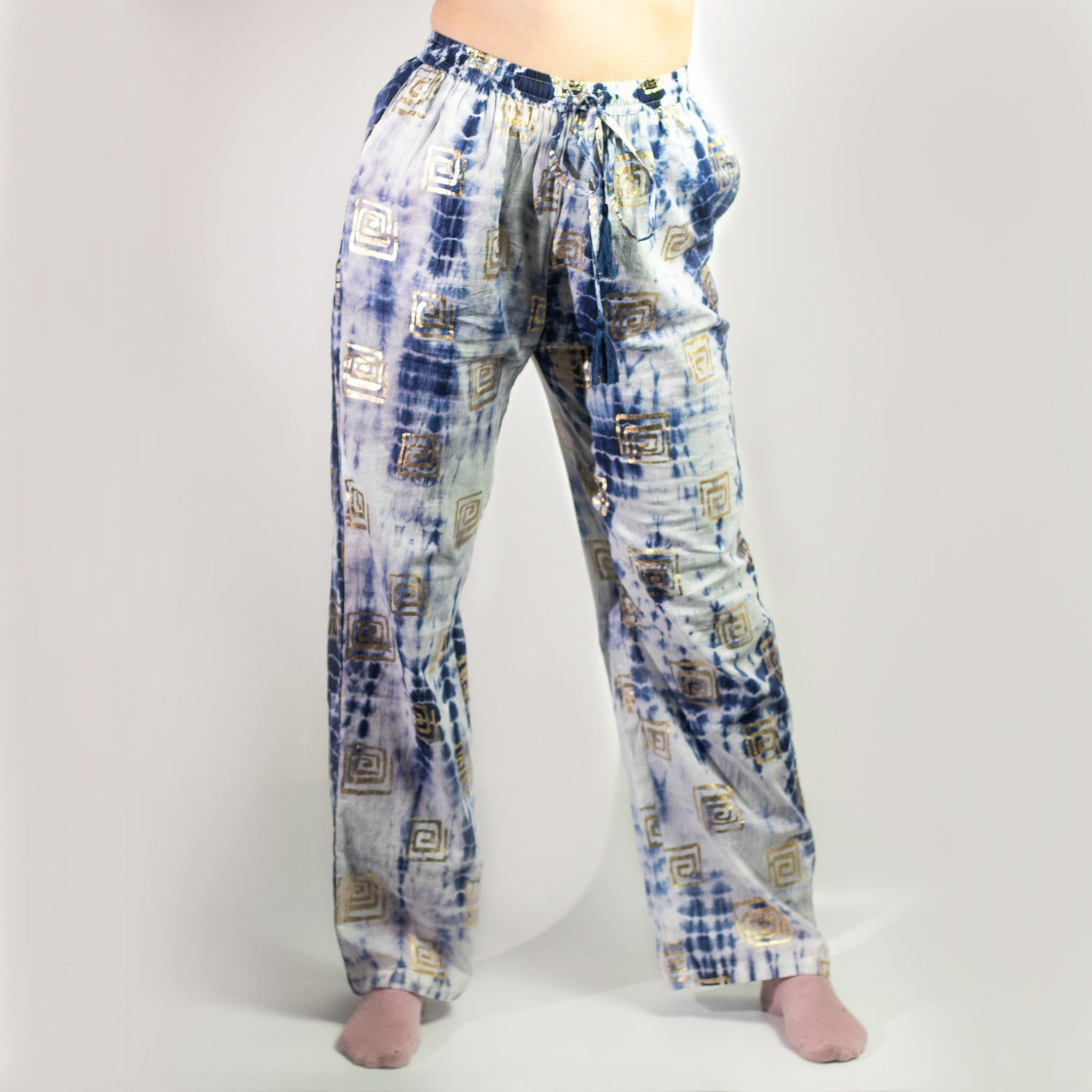 (ML) Nomad Sari On the Med Collection - Lounge Pants - Gold & Blue Greek Motiff - Handpainted - SHAMTAM.COM