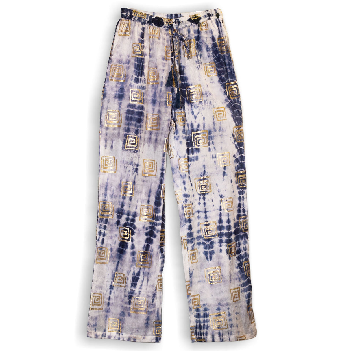 (LXL) Nomad Sari On the Med Collection - Lounge Pants - Gold & Blue Greek Motiff - Handpainted - SHAMTAM.COM