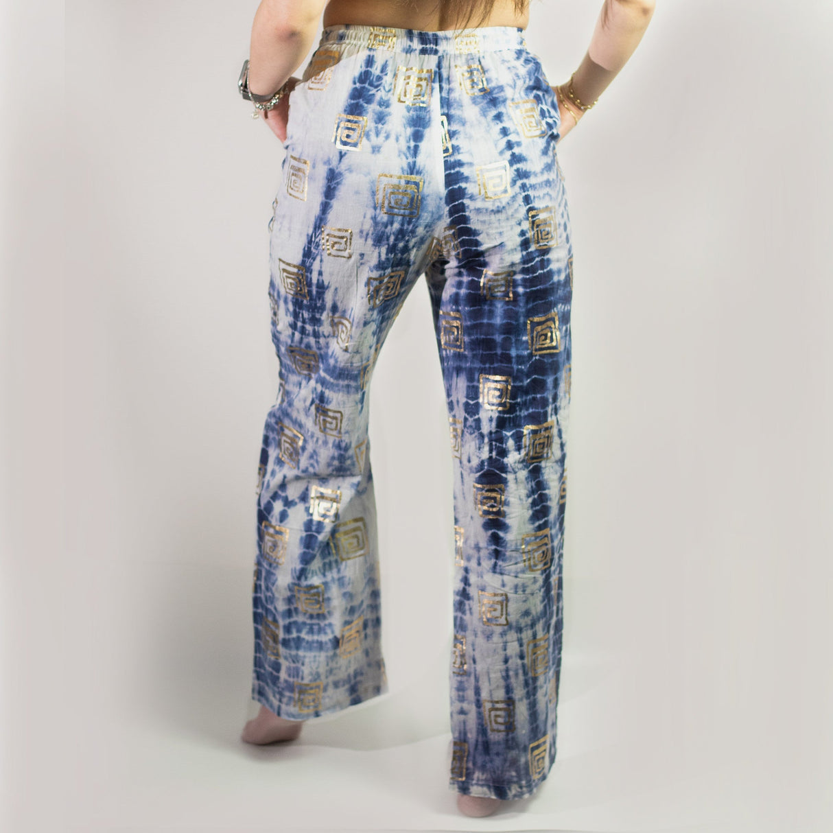 (LXL) Nomad Sari On the Med Collection - Lounge Pants - Gold & Blue Greek Motiff - Handpainted - SHAMTAM.COM
