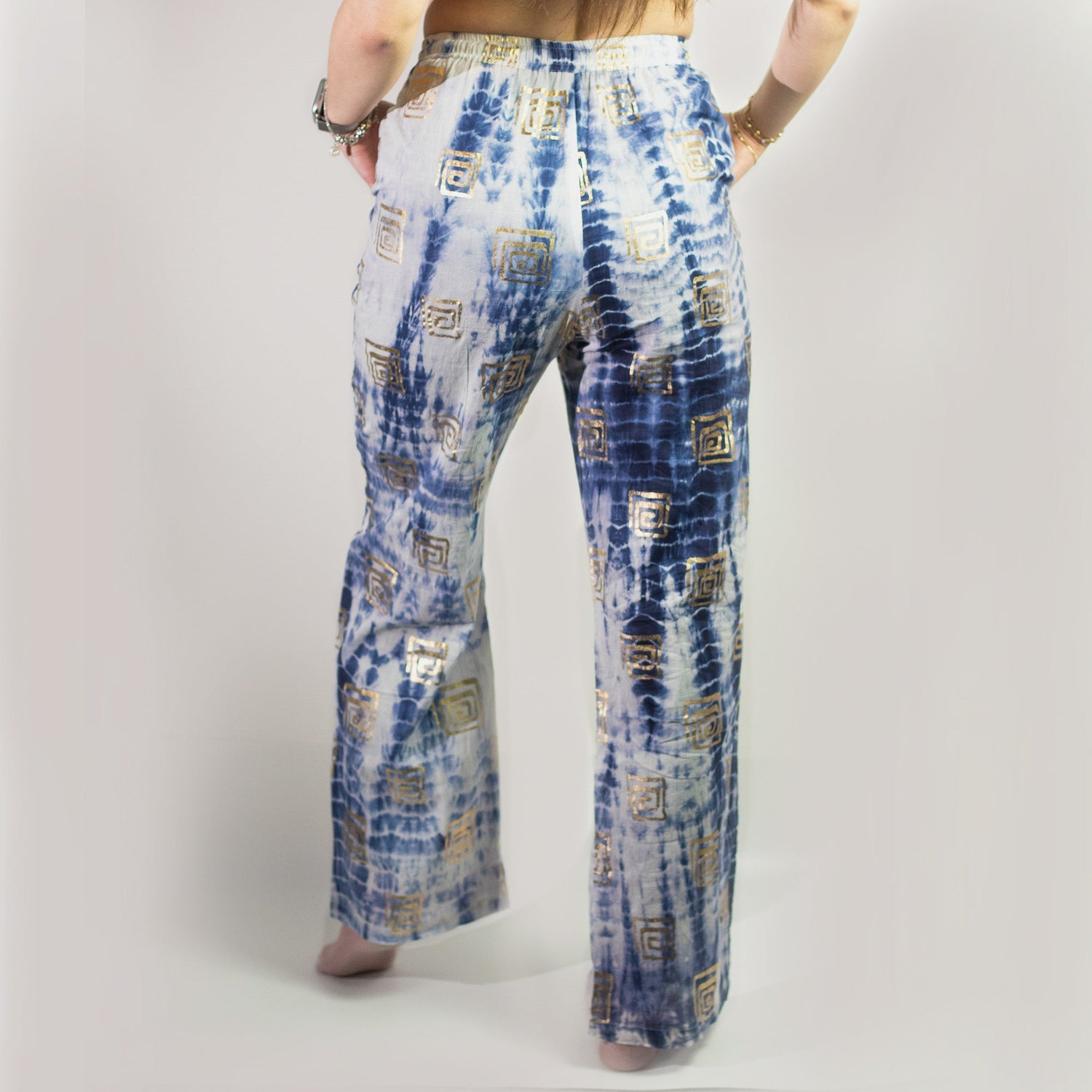 (LXL) Nomad Sari On the Med Collection - Lounge Pants - Gold & Blue Greek Motiff - Handpainted - SHAMTAM.COM