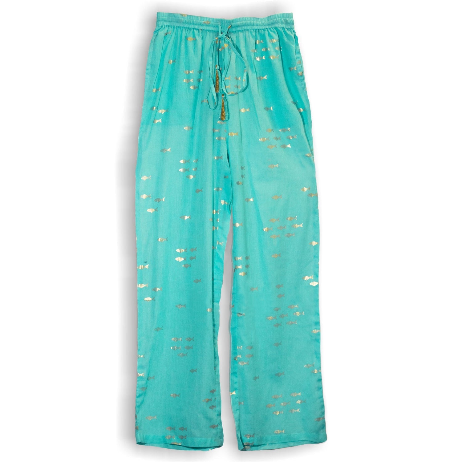 (LXL) Nomad Sari On the Med Collection - Lounge Pants - Turquoise & Gold Fish Design - SHAMTAM.COM