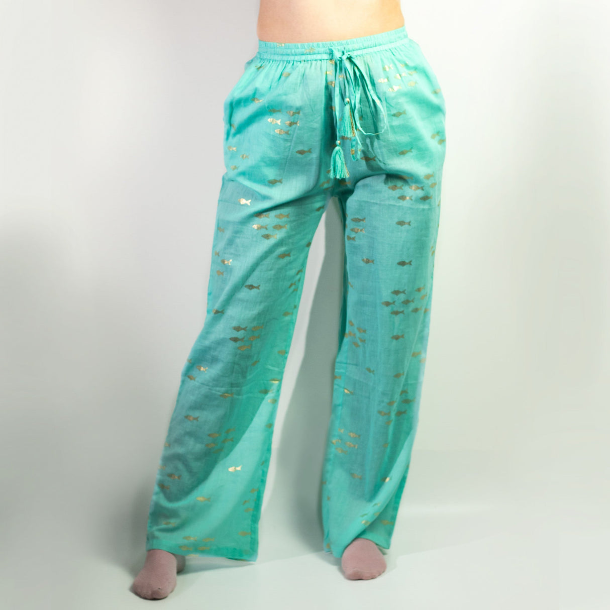 (LXL) Nomad Sari On the Med Collection - Lounge Pants - Turquoise & Gold Fish Design - SHAMTAM.COM