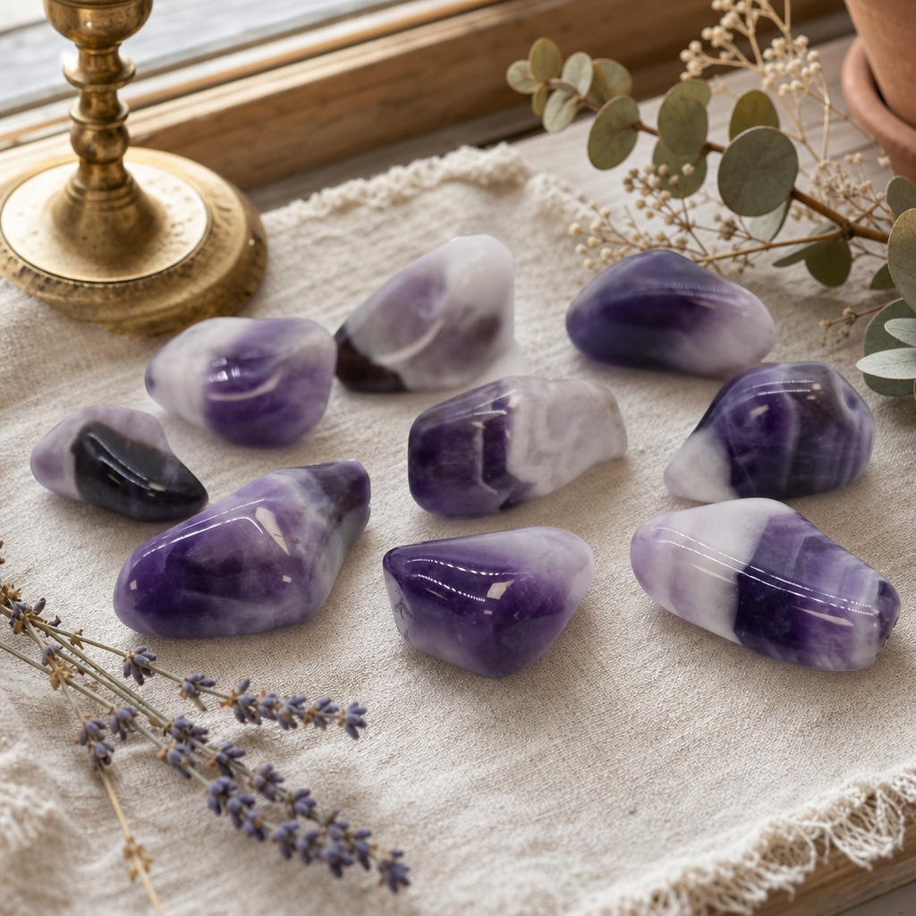 M Tumble Stones - Amethyst Banded (Grade B) — styled in a warm, naturally lit interior