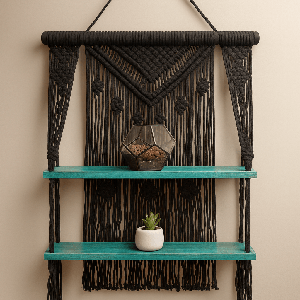 Macrame Hanging Shelves, Black and Turquoise - SHAMTAM.COM