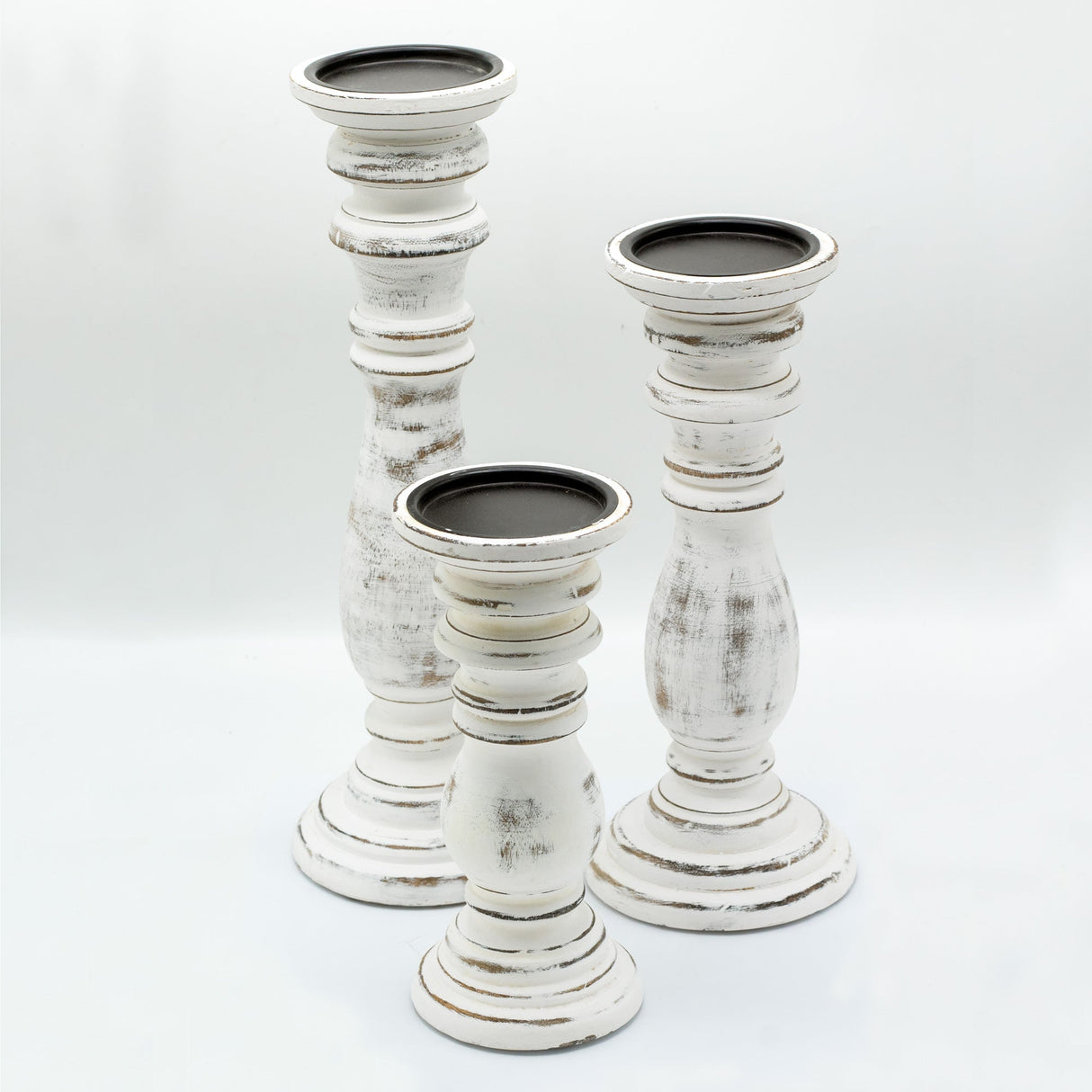 Medium Whitewashed Mango Wood Candle Stand - Classic Vintage Design - SHAMTAM.COM