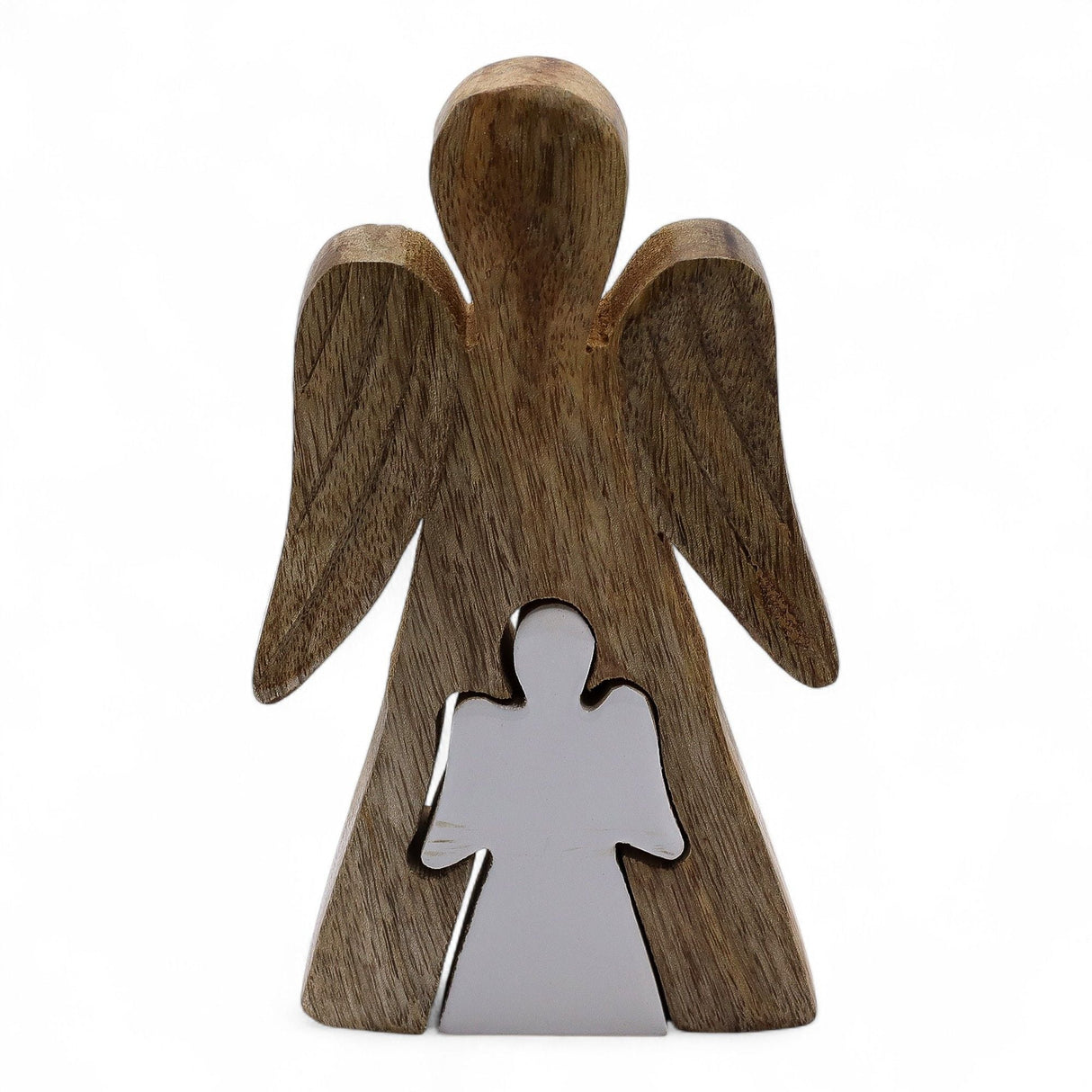 Mango Wood Embracing Angels Figurine, White Enamel Decor - SHAMTAM.COM