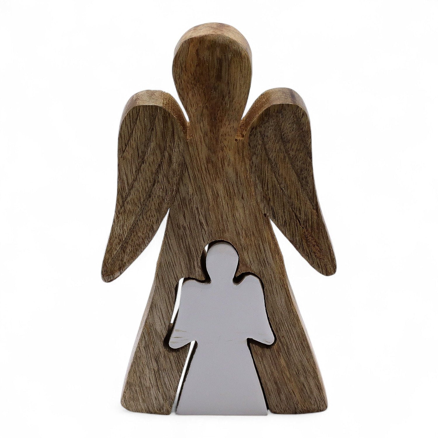 Mango Wood Embracing Angels Figurine, White Enamel Decor - SHAMTAM.COM
