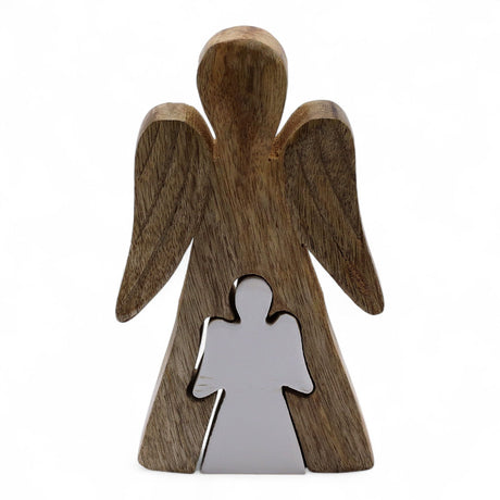 Mango Wood Embracing Angels Figurine, White Enamel Decor - SHAMTAM.COM