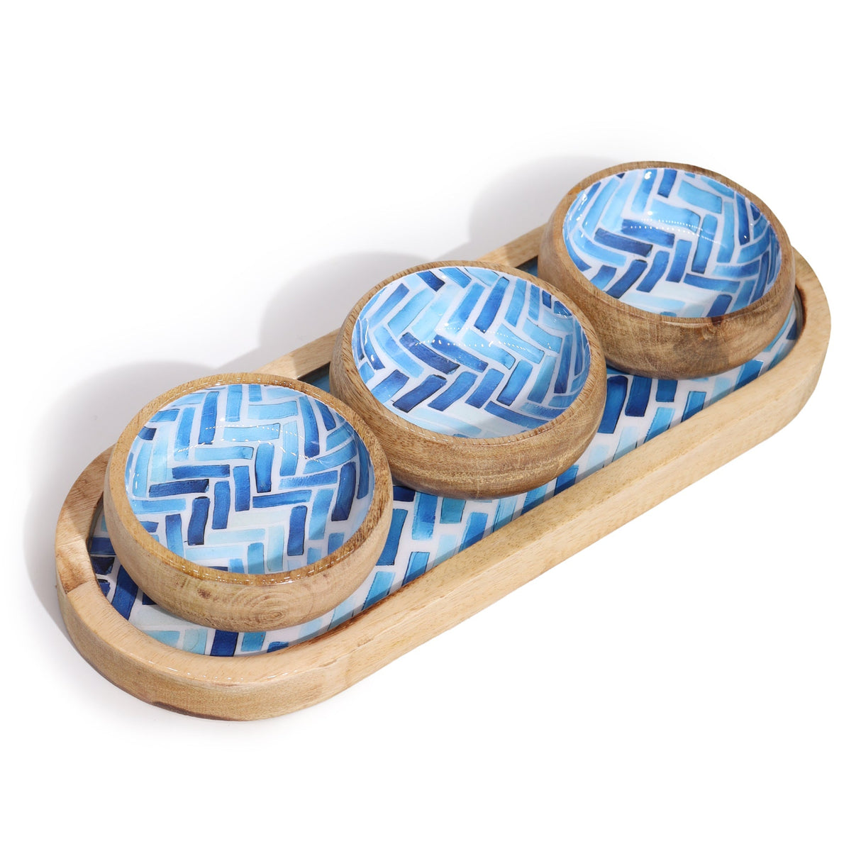 Elegant Mango Wood Tray Set with 3 Blue Stripe Ceramic Bowls - Perfect for Serving Snacks & Condiments - SHAMTAM.COM