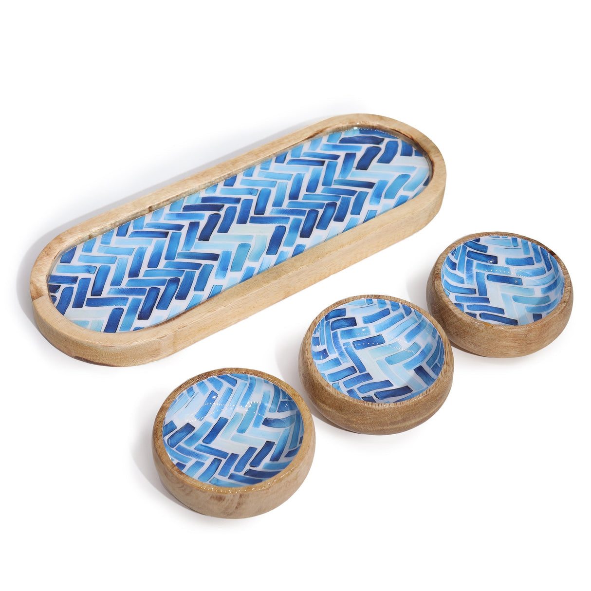 Elegant Mango Wood Tray Set with 3 Blue Stripe Ceramic Bowls - Perfect for Serving Snacks & Condiments - SHAMTAM.COM