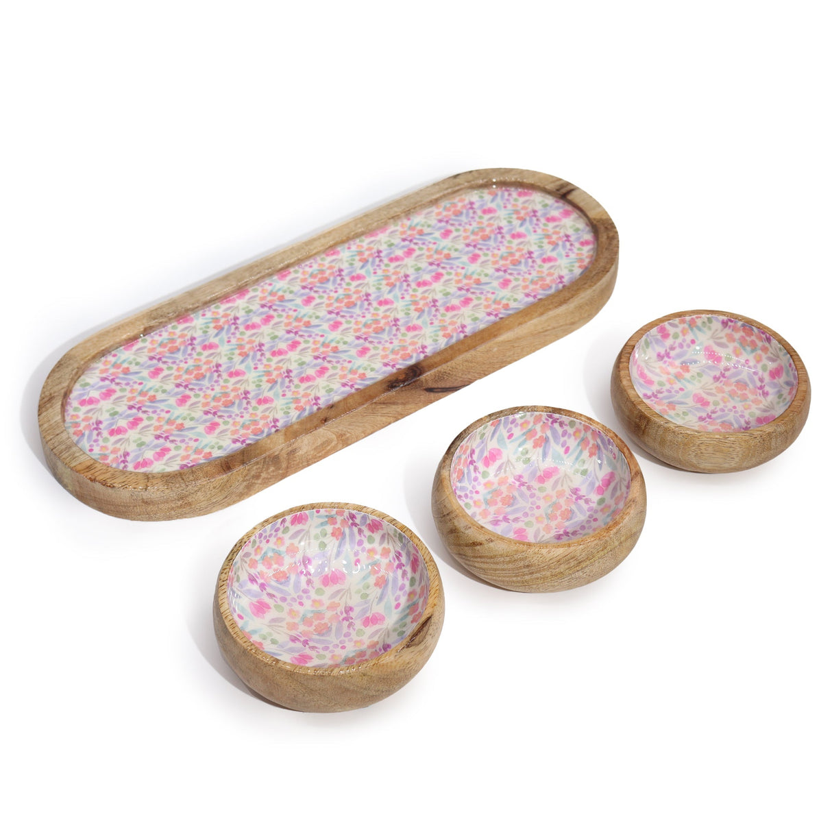 Elegant Mango Wood Tray Set with Hand - Painted Floral Ceramic Bowls - Perfect for Entertaining & Decor - SHAMTAM.COM