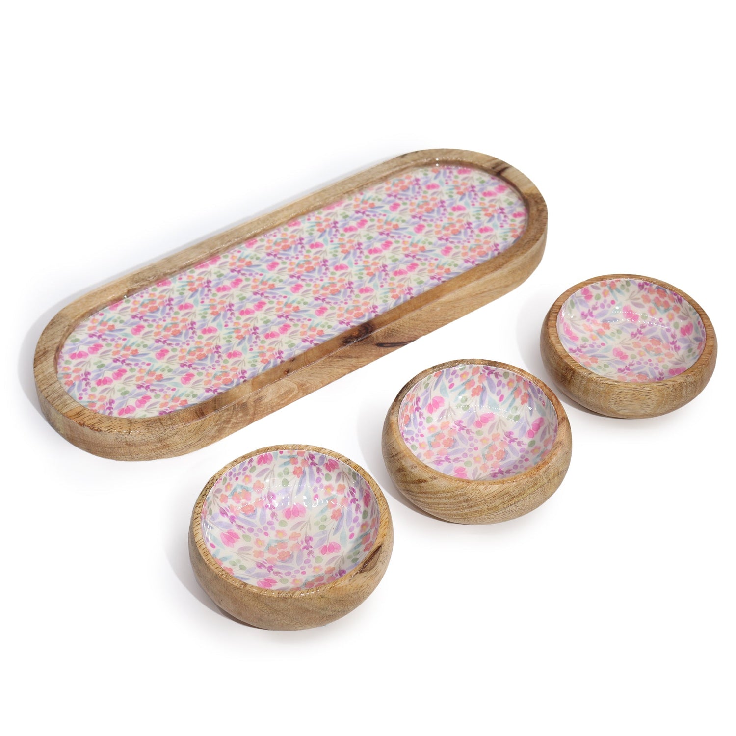 Elegant Mango Wood Tray Set with Hand - Painted Floral Ceramic Bowls - Perfect for Entertaining & Decor - SHAMTAM.COM