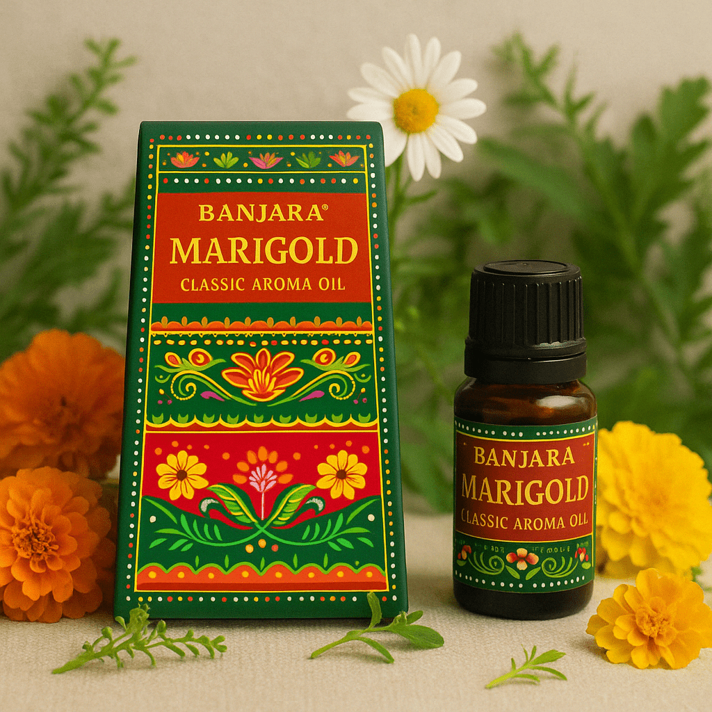 Banjara Marigold Classic Aroma Oil 10ml - Premium Indian Fragrance with Floral and Geometric Design Packaging - SHAMTAM.COM