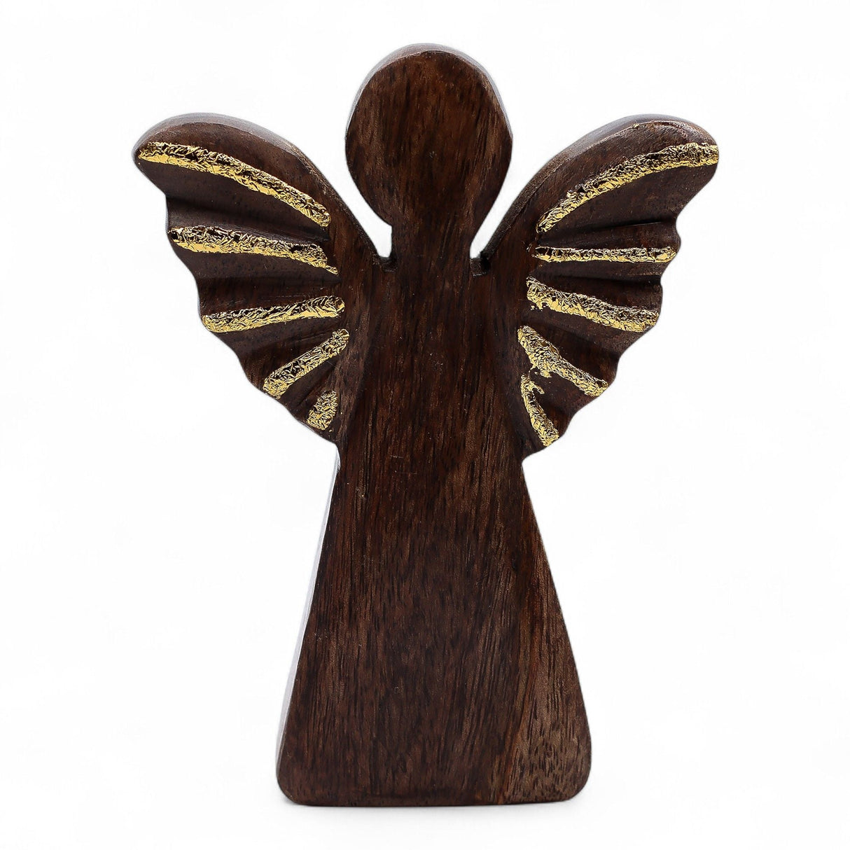 Medium Hand - Carved Mango Wood Angel Figurine, Gold Accents - SHAMTAM.COM