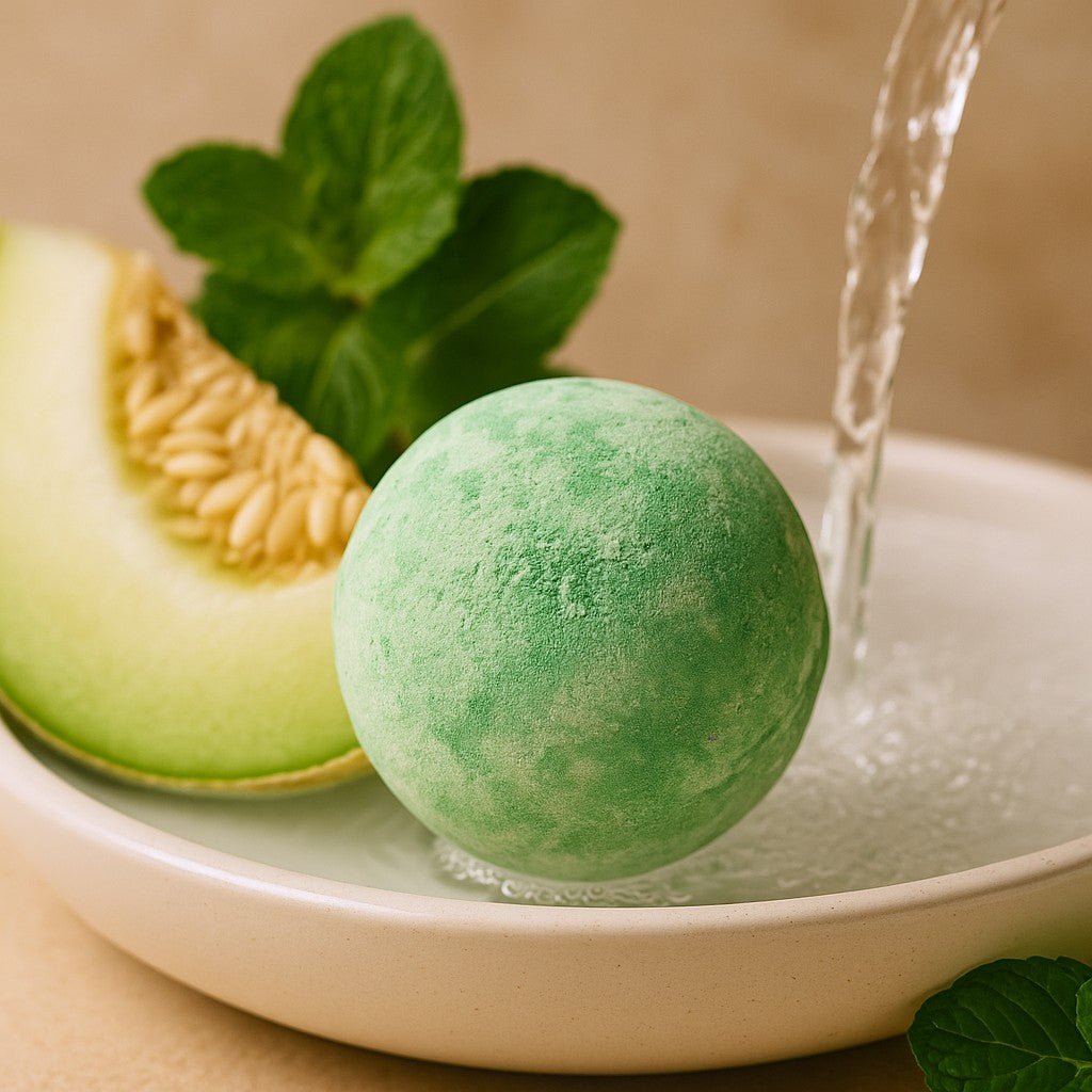 Green bath bomb being rinsed in a bowl with water, next to a slice of melon and leaves.