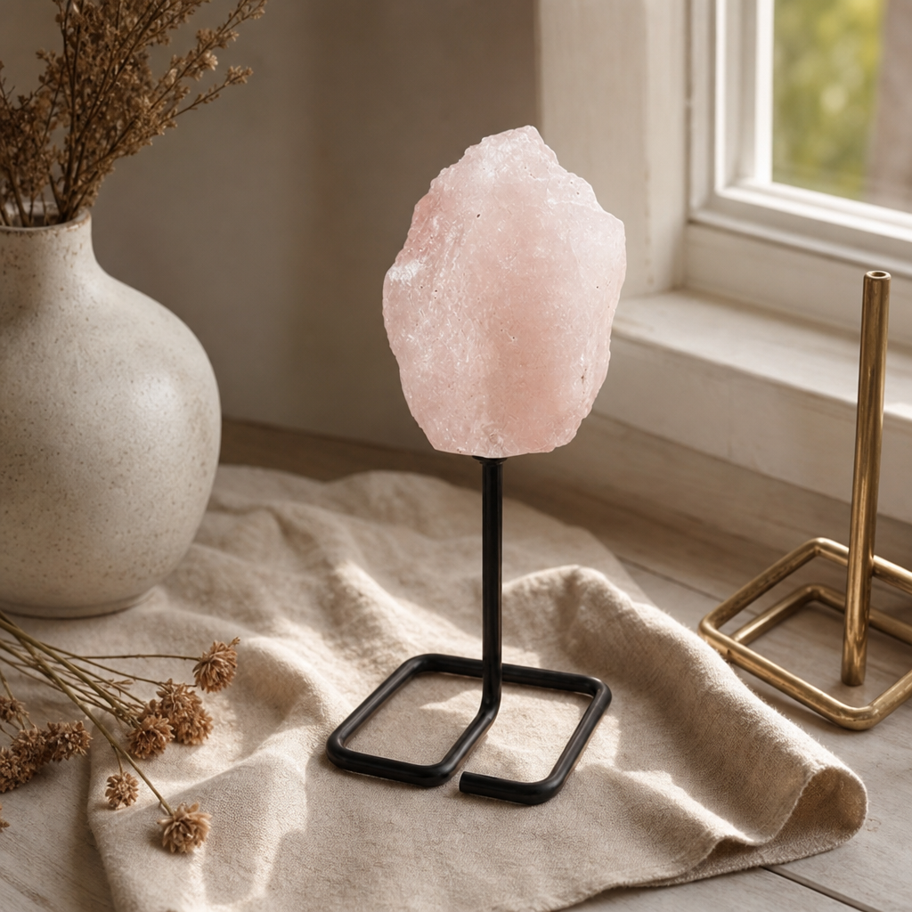 Mineral Specimen on Metal Stand - Rose Quartz — styled in a warm, naturally lit interior