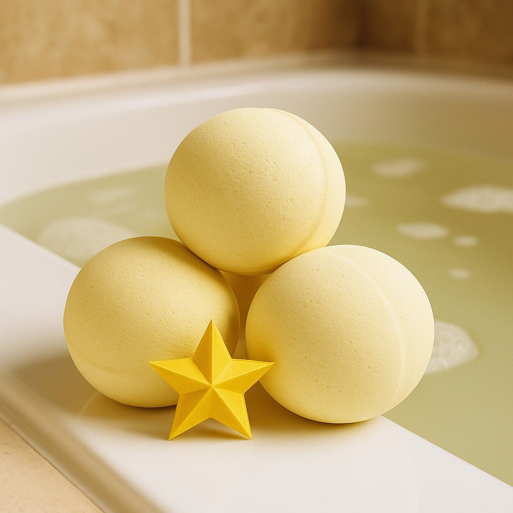 Three yellow bath bombs with a star-shaped object on a bathtub rim