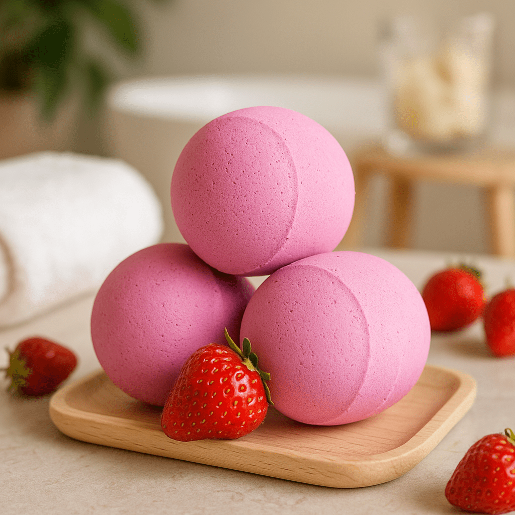 Three pink bath bombs on a wooden tray with strawberries in a kitchen setting