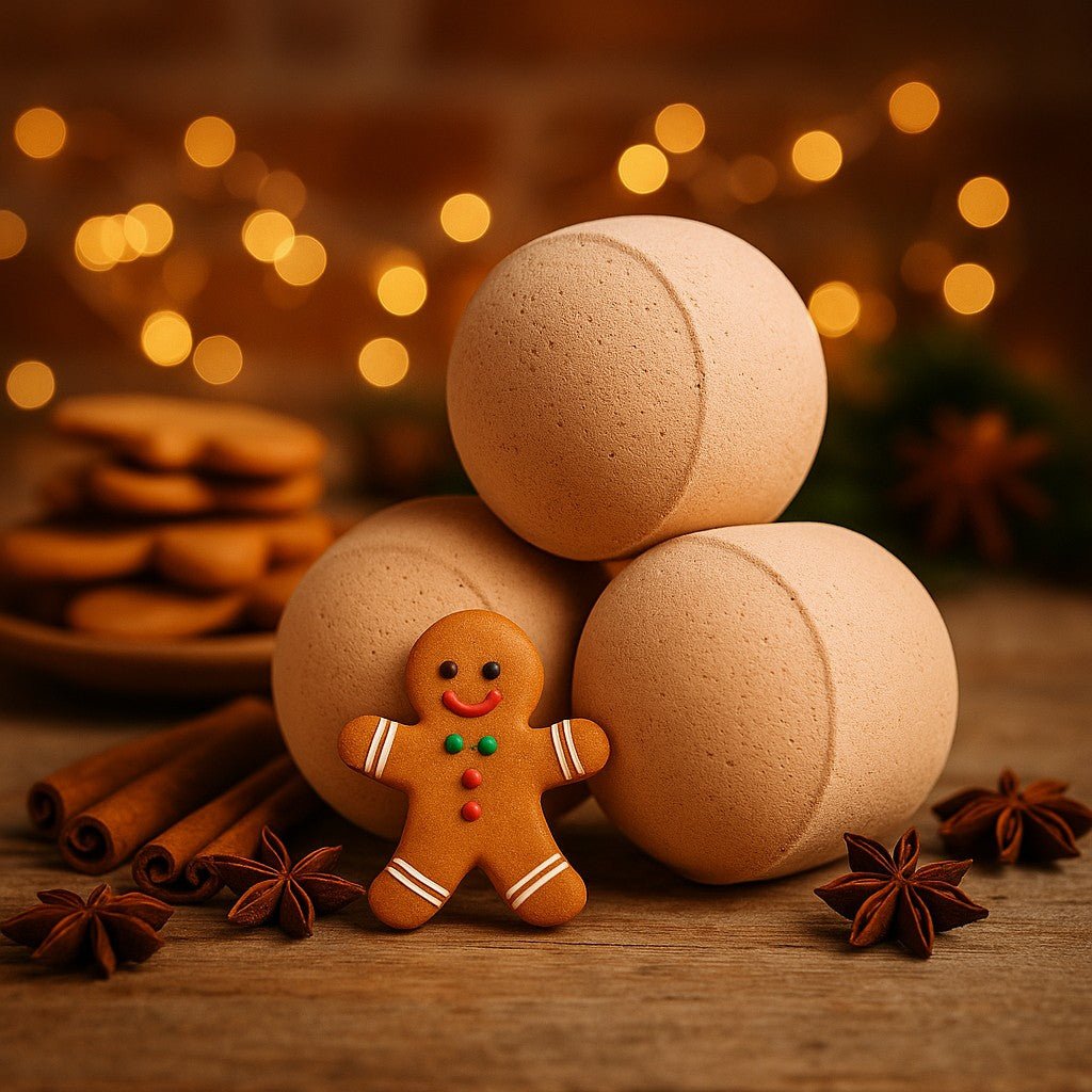 Bath bombs with a gingerbread man and cinnamon sticks on a wooden surface with blurred lights in the background