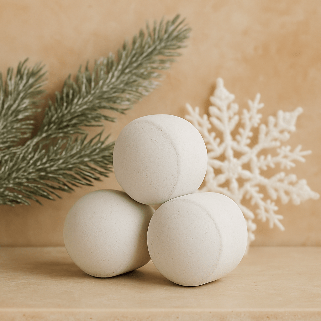 Three white bath bombs on a wooden surface with a decorative branch and snowflake in the background.