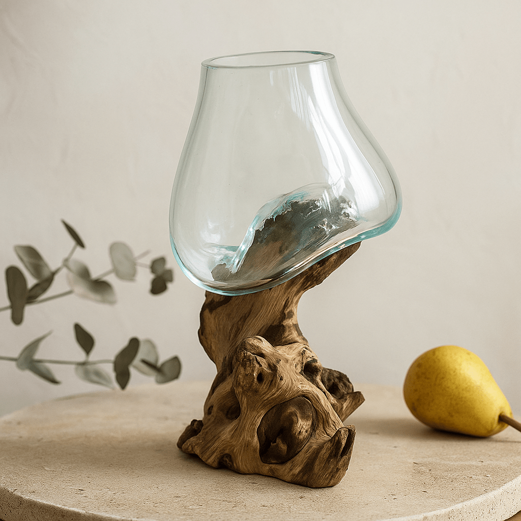 Molten Glass Bowl On Wood Base - SHAMTAM.COM