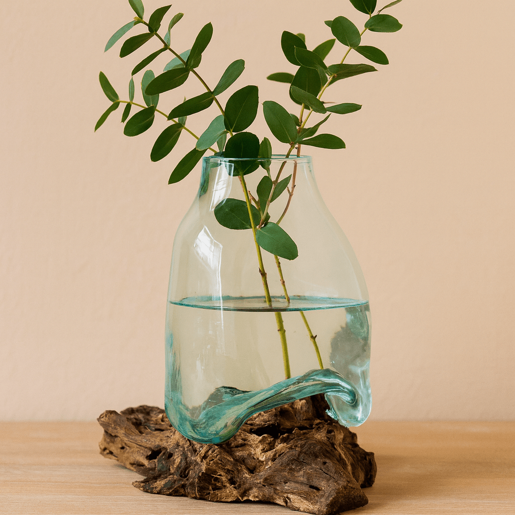 Molten Glass Vase on Root Wood Base - SHAMTAM.COM