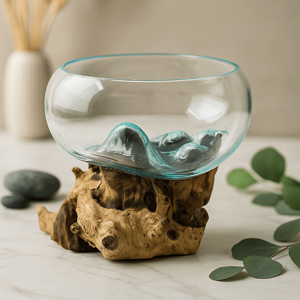 Molten Recycled Glass Bowl on Wood Base - SHAMTAM.COM