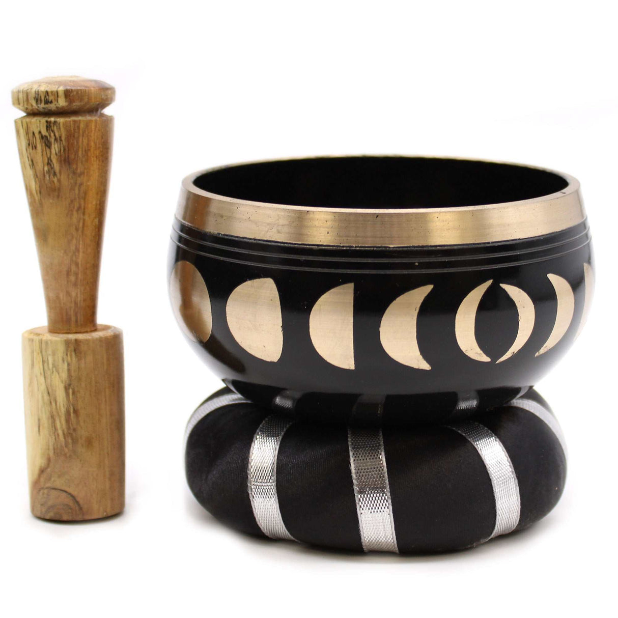 Black and gold moon phase Tibetan singing bowl set with wooden striker and black cushion with silver stripes